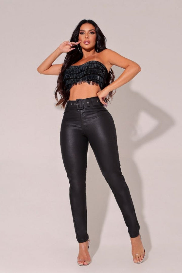 Calça Feminina Jeans Encerado Black com Cinto Customizado