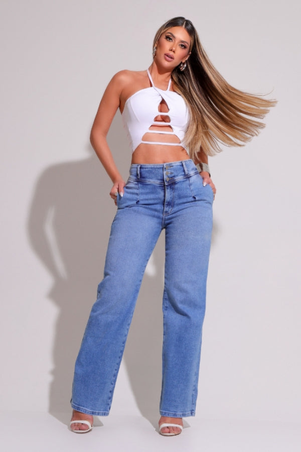 Calça Jeans Feminina Wide Leg Modeladora c/ Elastano Marselha