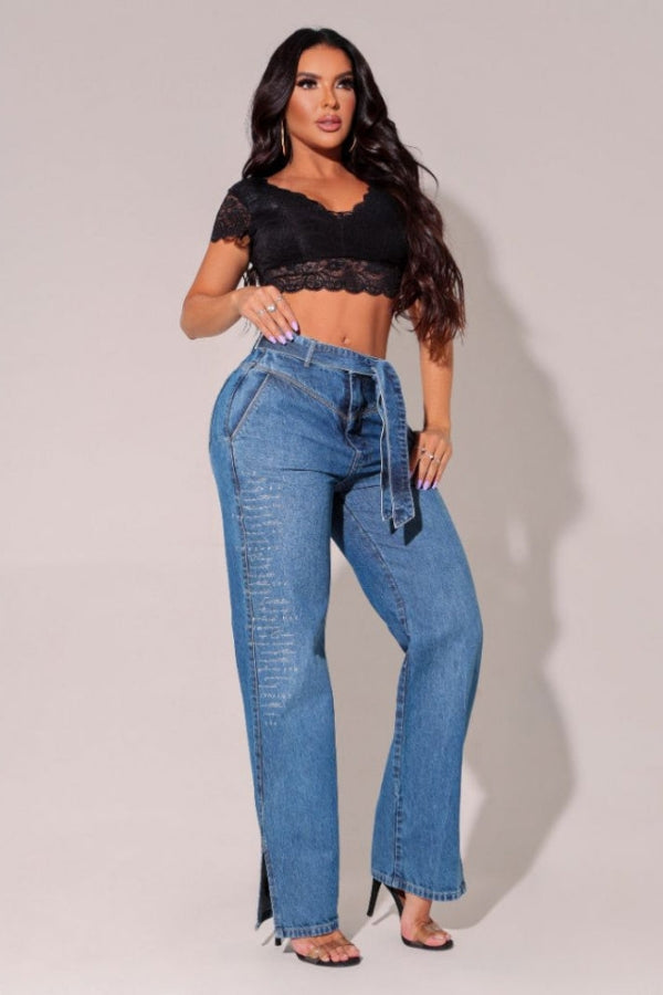 Calça Feminina Jeans Wide Leg com Bordado Milão