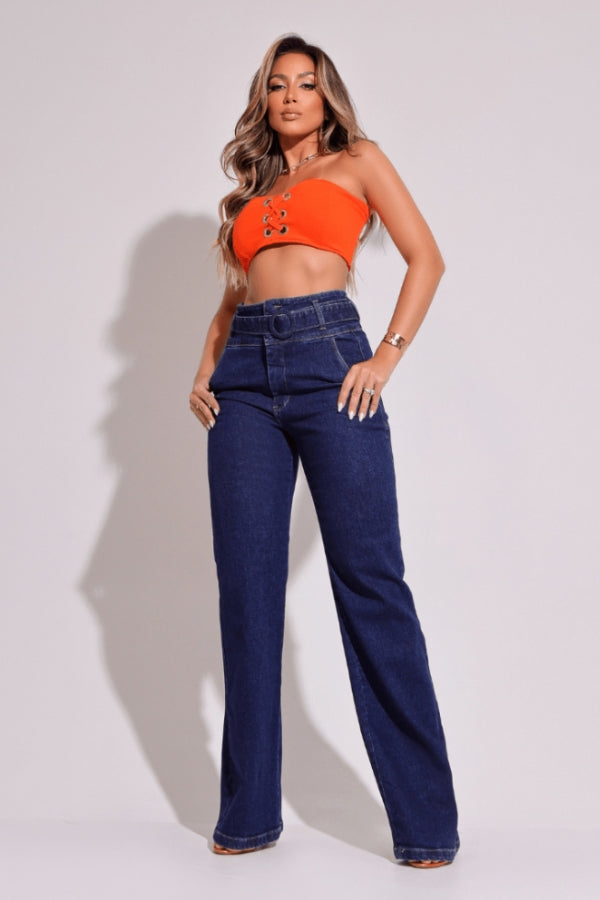 Calça Jeans Modeladora Wide Leg c/ Elastano Clarice Escura