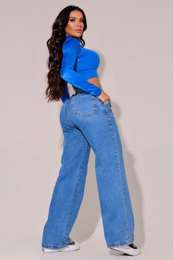 Calça Jeans Feminina Wide Leg Modeladora com Cinto e Bolso de Lapela Fake Roma