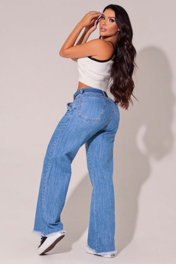 Calça Jeans Feminina Wide Leg Modeladora com Cinto Barcelona