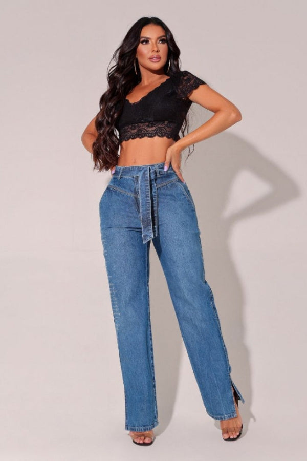 Calça Feminina Jeans Wide Leg com Bordado Milão