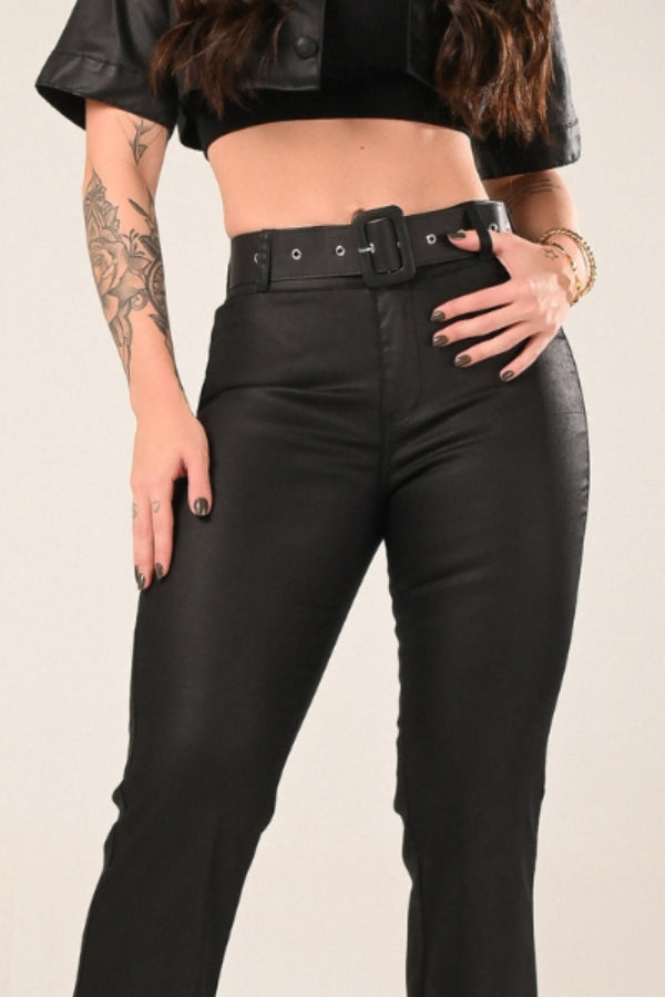 Calça Flare Encerada c/ Frente Lisa Preto Bolonha