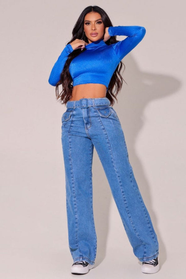 Calça Jeans Feminina Wide Leg Modeladora com Cinto e Bolso de Lapela Fake Roma