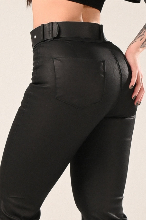 Calça Flare Encerada c/ Frente Lisa Preto Bolonha