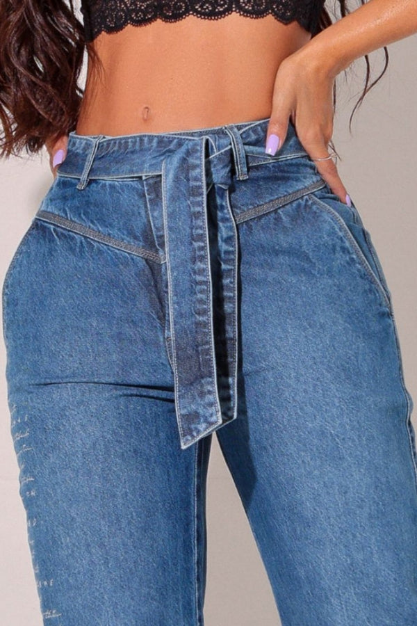 Calça Feminina Jeans Wide Leg com Bordado Milão