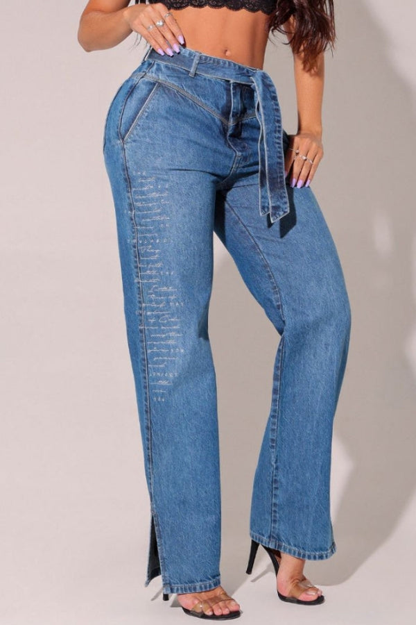 Calça Feminina Jeans Wide Leg com Bordado Milão