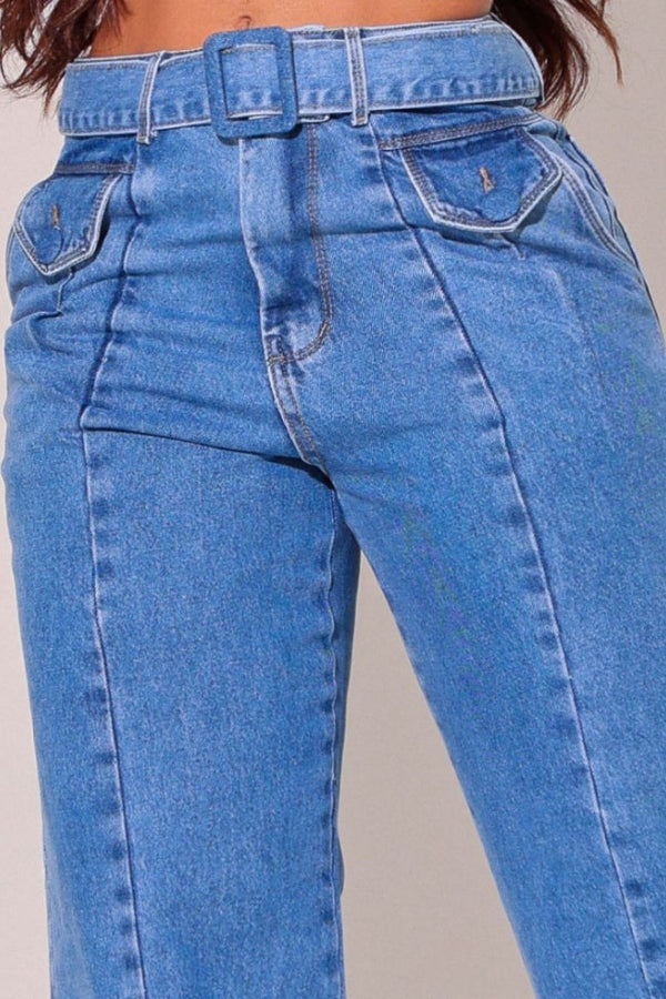 Calça Jeans Feminina Wide Leg Modeladora com Cinto e Bolso de Lapela Fake Roma