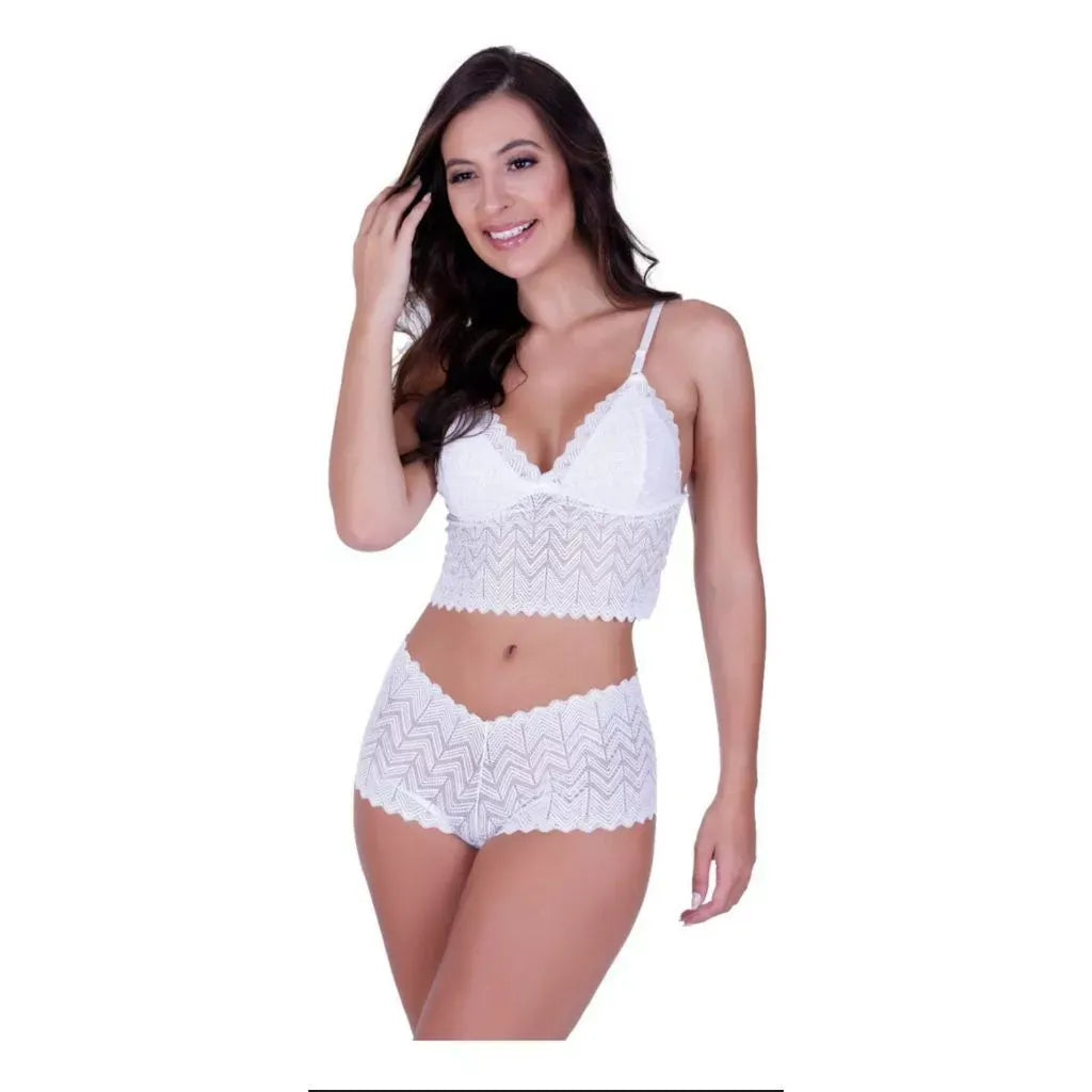 Conjunto Lingerie De Renda Espera Marido Cropped e Calcinha Short Sexy