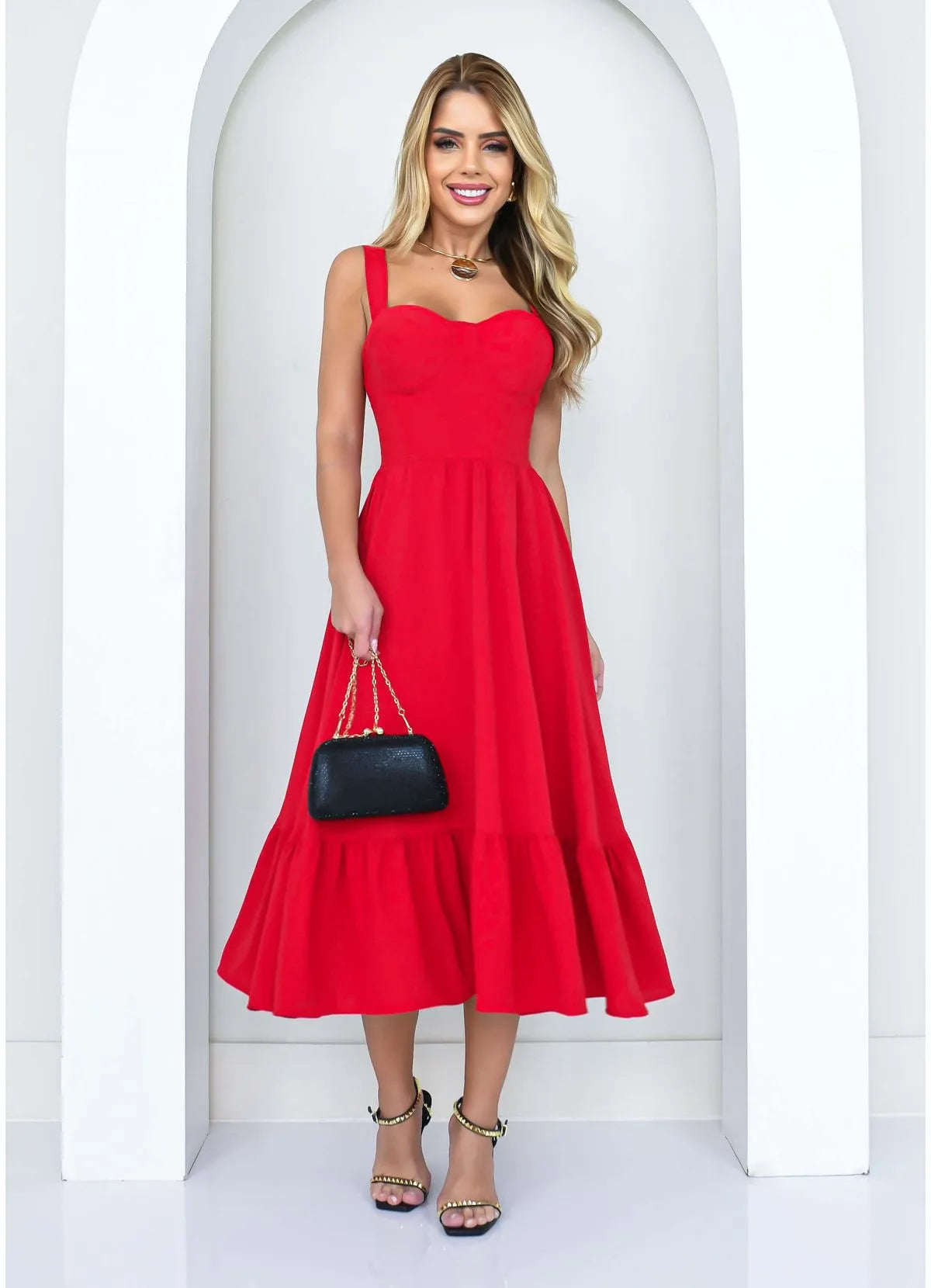 Vestido Midi c/ Babado Decote Taça Liso