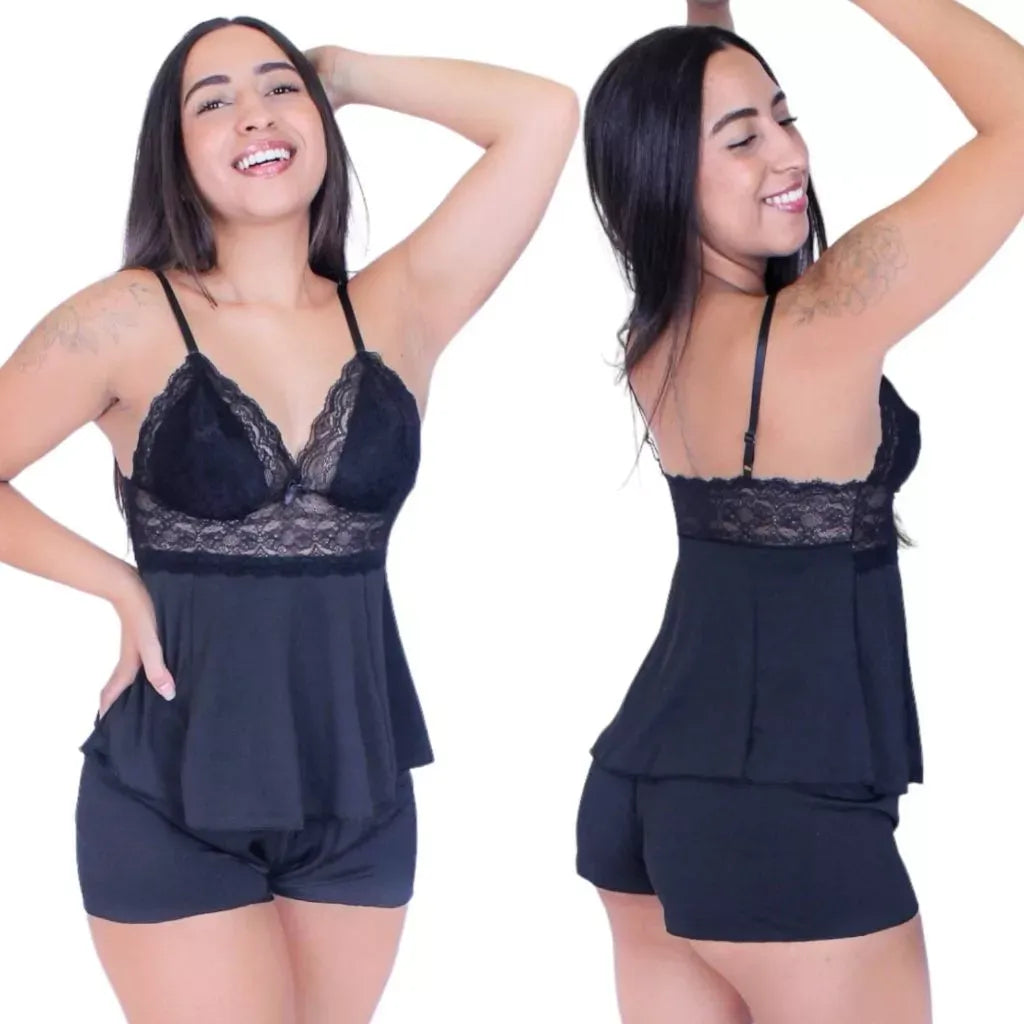 Pijama Baby Doll Sexy - Short om Detalhes Em Renda Roupa De Dormir Linha Noite