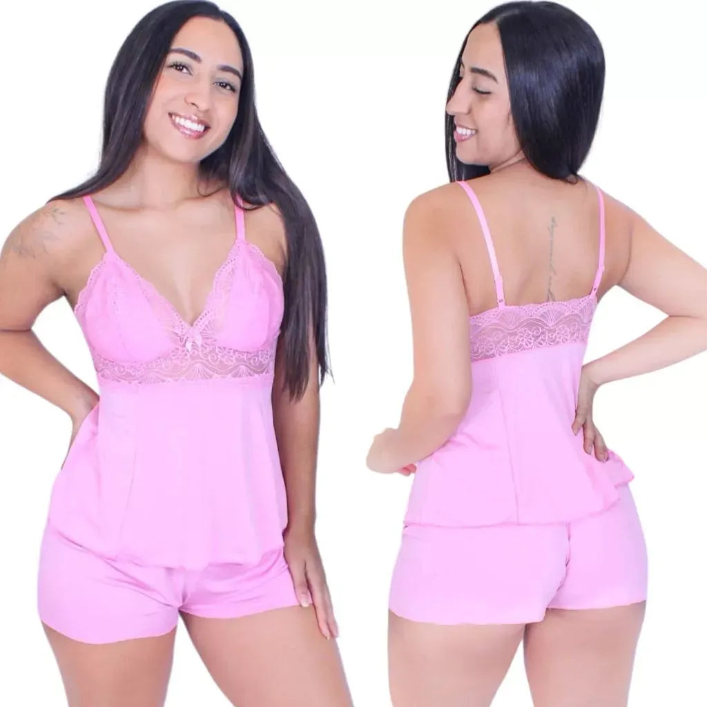 Pijama Baby Doll Sexy - Short om Detalhes Em Renda Roupa De Dormir Linha Noite