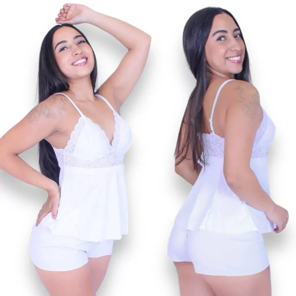 Pijama Baby Doll Sexy - Short om Detalhes Em Renda Roupa De Dormir Linha Noite