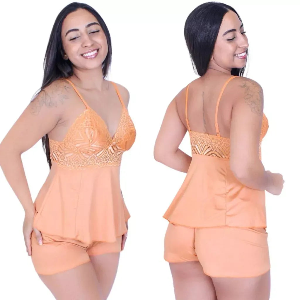 Kit 3 Pijamas Baby Doll Sexy - Short om Detalhes Em Renda Roupa De Dormir Linha Noite