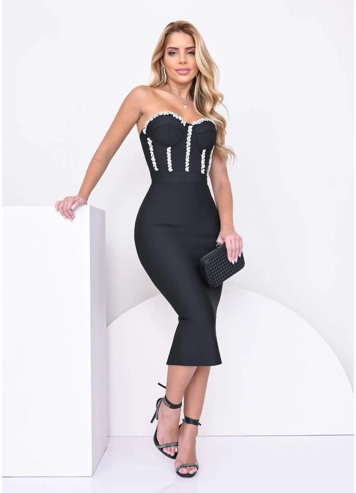 Vestido Bandagem Corset Crystal Strapless Midi